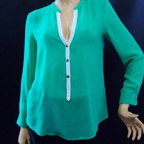 Francesca’s Sheer Green Blouse White Trim V Neck - Picture 1 of 5